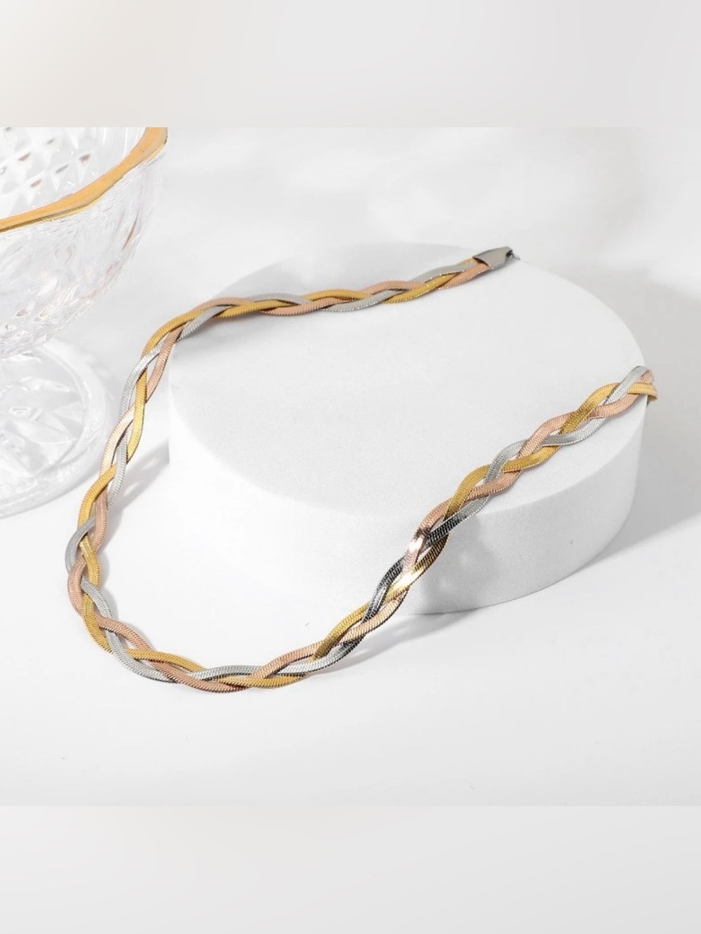 Tri-Color Braided Herringbone Chain Necklace - Gold, Rose, Silver